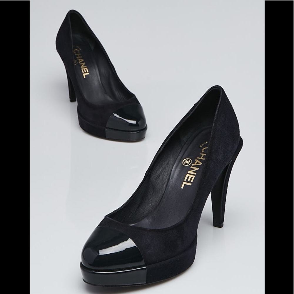 Authentic Chanel Navy Blue Suede Cap Toe Platform Pumps